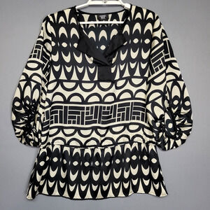 Como Blouse Top Womens Petite Medium Geometric Print Long Sleeve Lightweight
